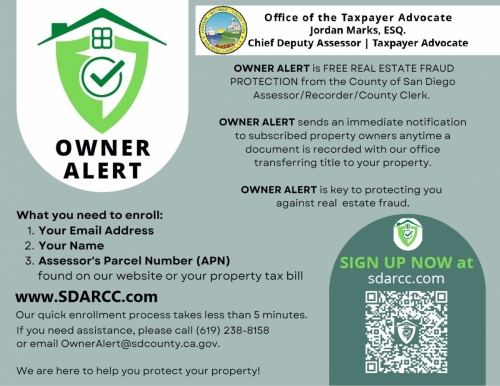 ASSESSOR/RECORDER/COUNTY CLERK RELEASES OWNER ALERT: A FREE REAL ESTATE